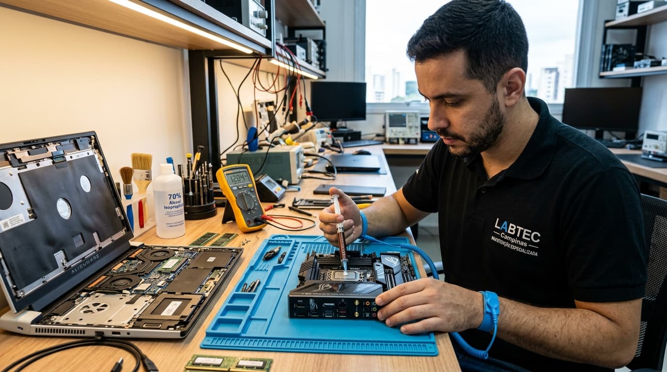 Técnico realizando manutenção de computadores em Campinas