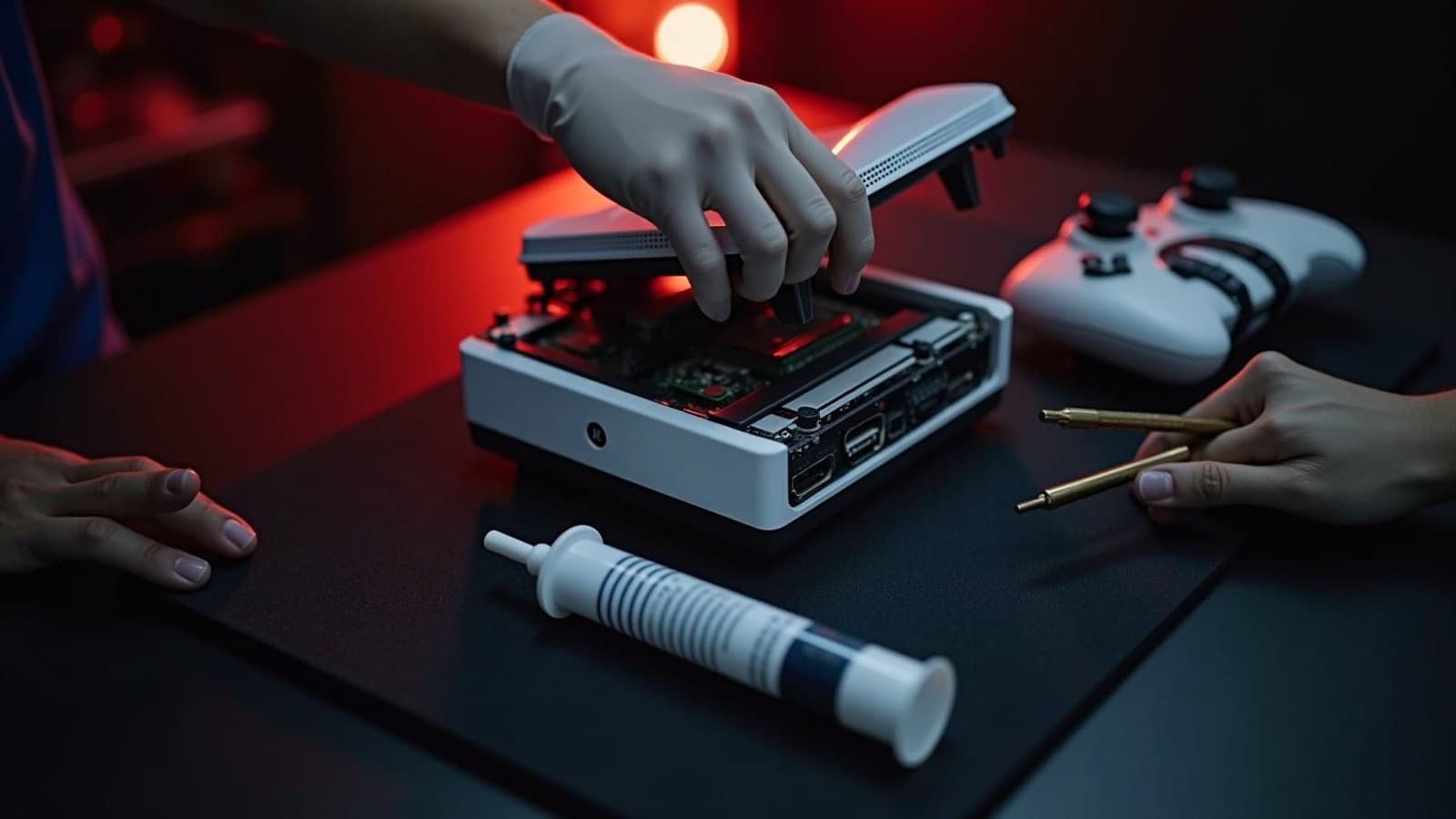 Mãos de técnico consertando um console branco aberto na bancada, com o controle ao lado