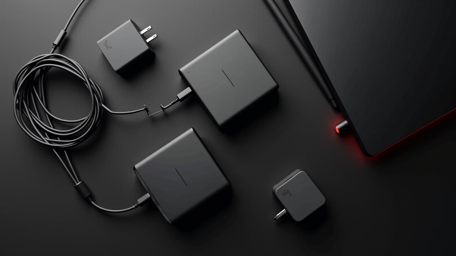 Carregadores de notebook e carregadores USB-C com cabos, vistos de cima sobre a bancada