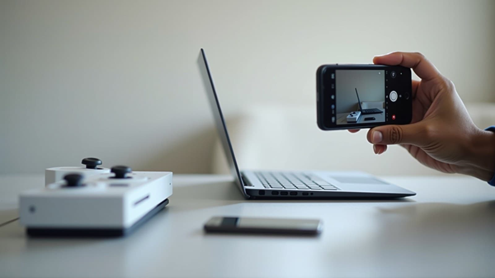 Notebook, console e smartphone usados sobre a mesa sendo fotografados por um celular