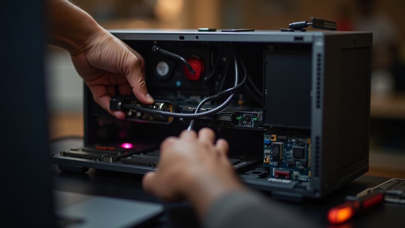Mãos encaixando uma placa de vídeo na placa-mãe durante a montagem de um PC
