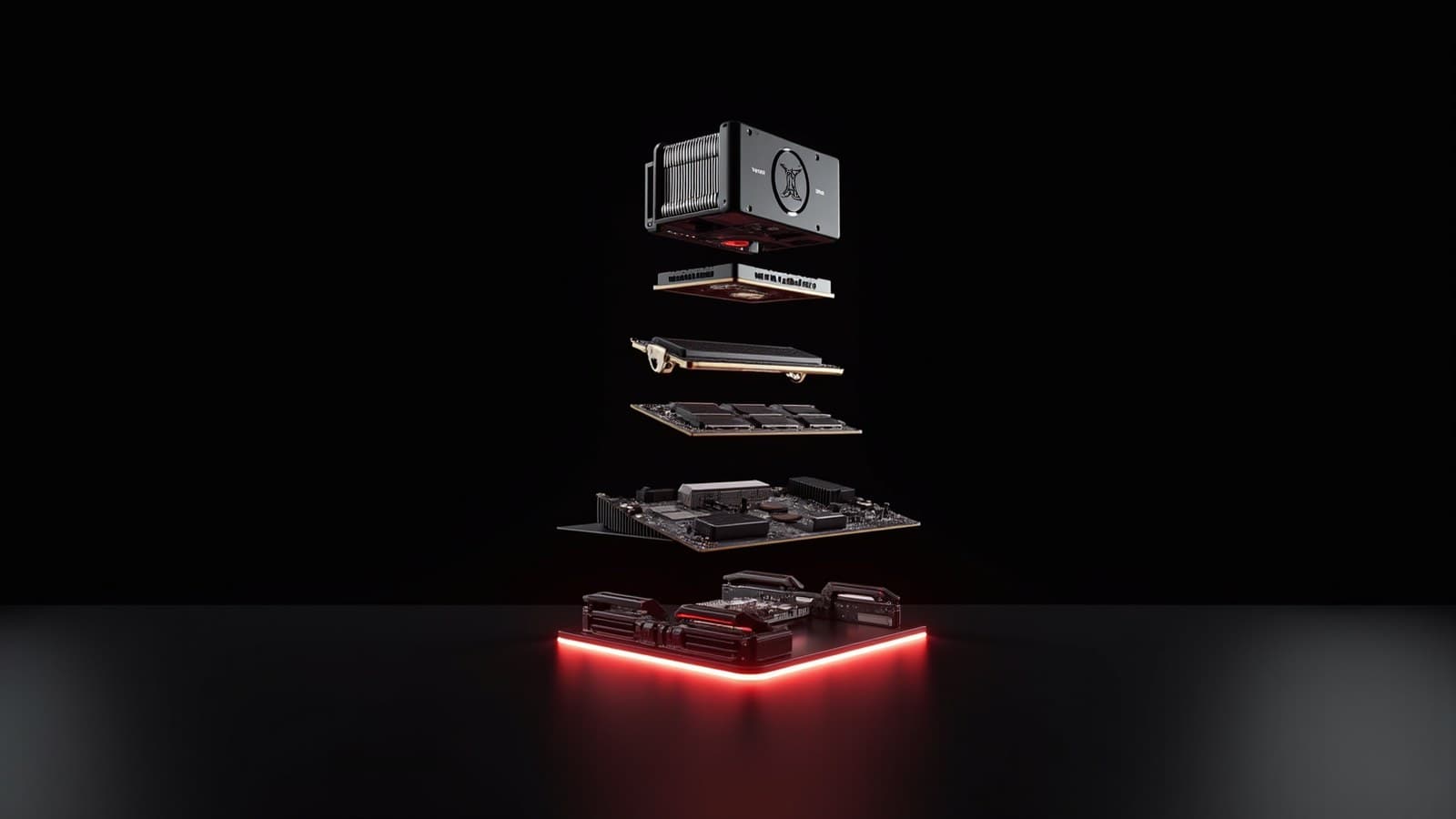 Peças de um PC gamer separadas no ar, em vista explodida, com luz vermelha