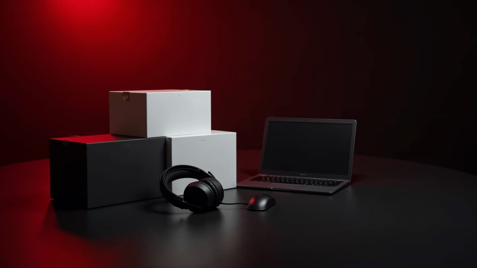 Pirâmide de caixas pretas e brancas sem marca sob luz vermelha, com headset e mouse ao lado