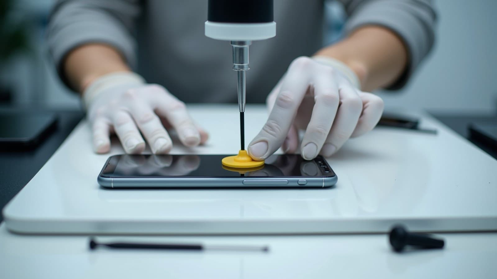 Mãos de técnico abrindo um smartphone com ventosa sob o microscópio da bancada