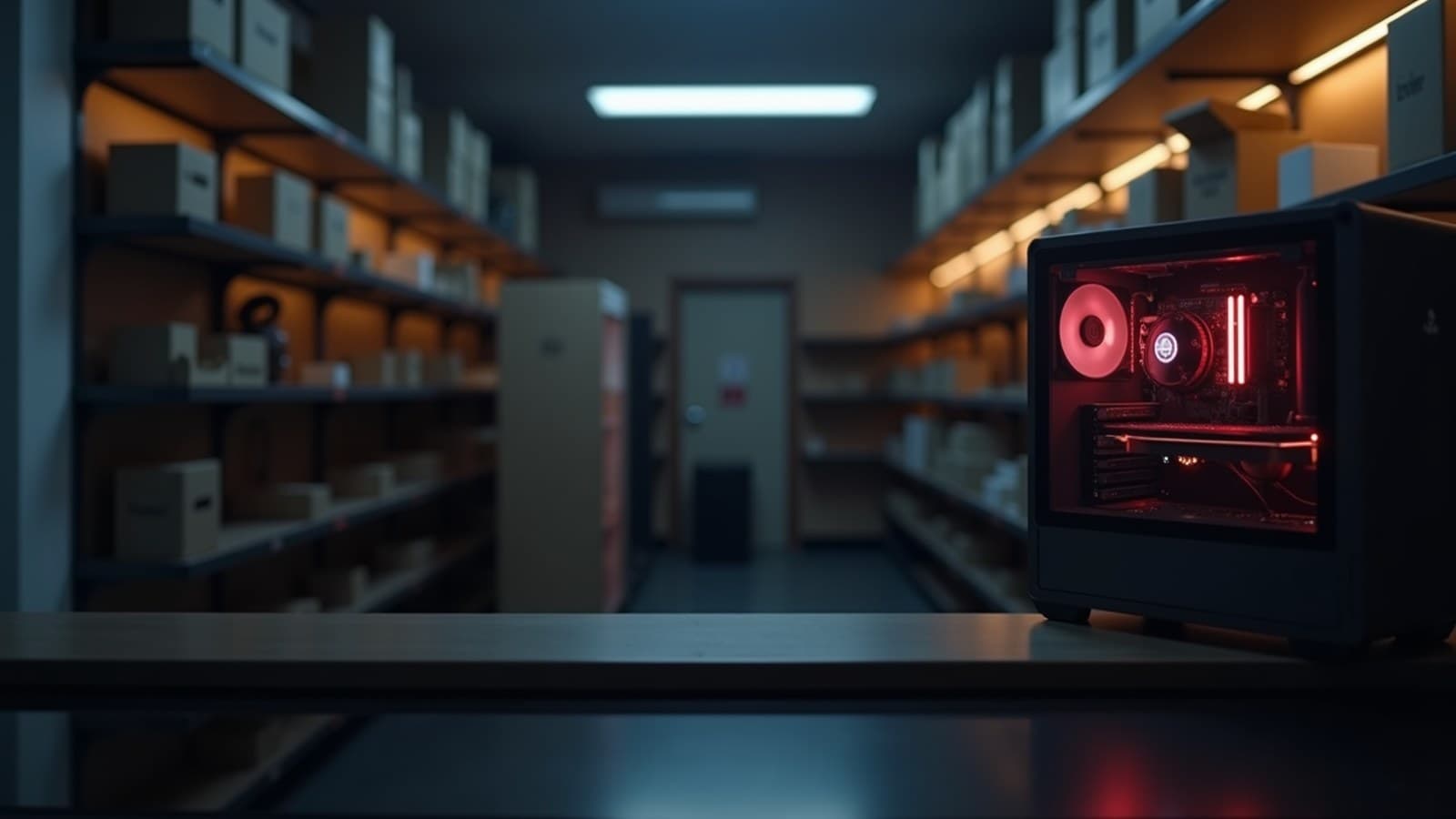 Balcão da loja com um PC gamer ligado em luz vermelha e duas mãos apontando para ele