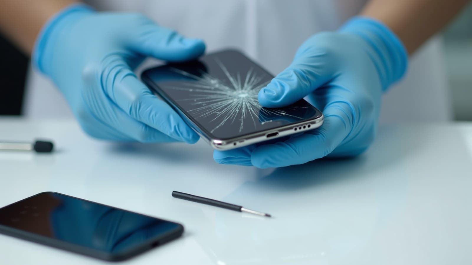 Mãos de técnico com luvas segurando um smartphone de tela trincada, com a tela nova ao lado na bancada