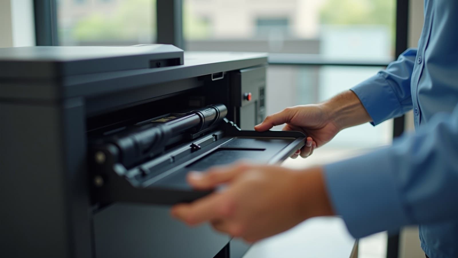 Mãos encaixando um cartucho de toner numa impressora a laser aberta