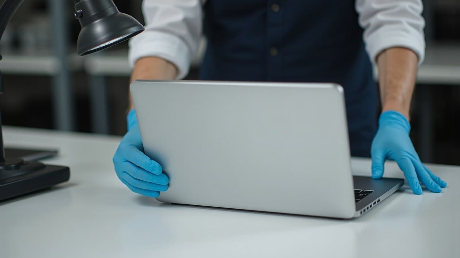 Mãos de luva conferindo um notebook na bancada antes do diagnóstico