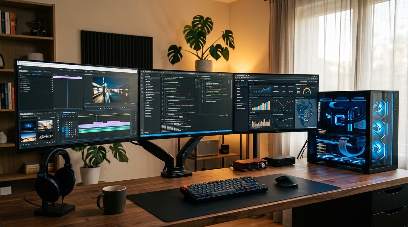 Mesa com PC de vidro iluminado e três monitores com código e gráficos na tela