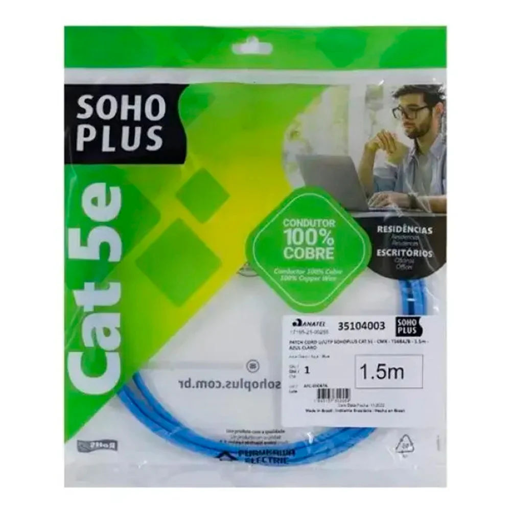 Vale a pena: Patch Cord CAT.5e Furukawa SohoPlus, 1.5m, Azul, T568A/B - 35104003