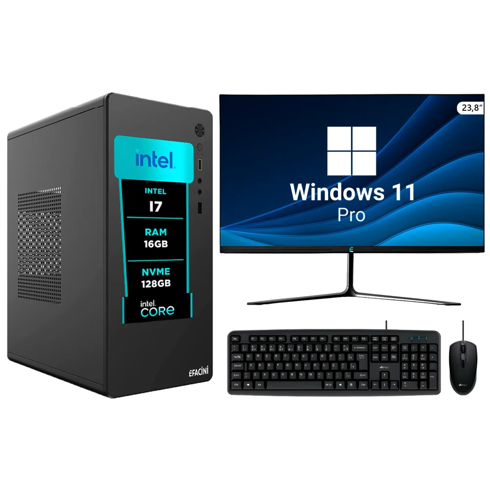 Vale a pena: PC Completo Efacini, Intel Core I7, 16gb, Wi-Fi 6, Bluetooth 5.3, WINDOWS 11 Pro, Monitor 24, SSD Nvme - 128