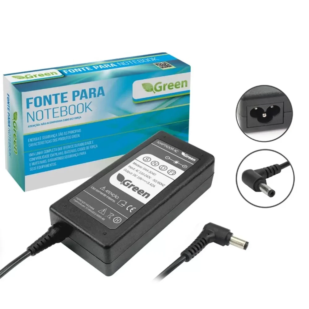 Vale a pena: Notebook 19v 3.42a, Pino 5.5/2.5mm, Bivolt, Green