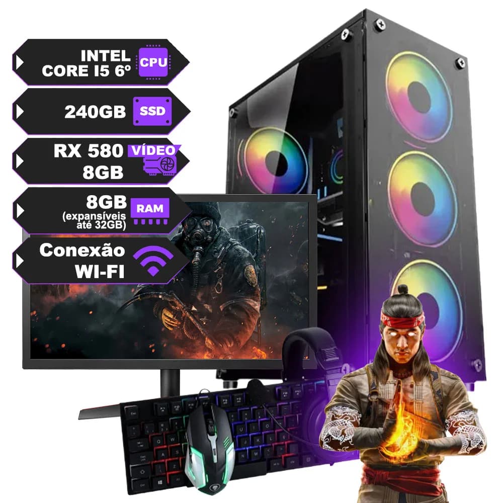 Vale a pena: Pc Gamer Completo Core I5 6º 6500 com 4 núcleos, Placa De Vídeo Rx580 De 8GB, SSD 240GB, Ram 8gb, Fonte 500...