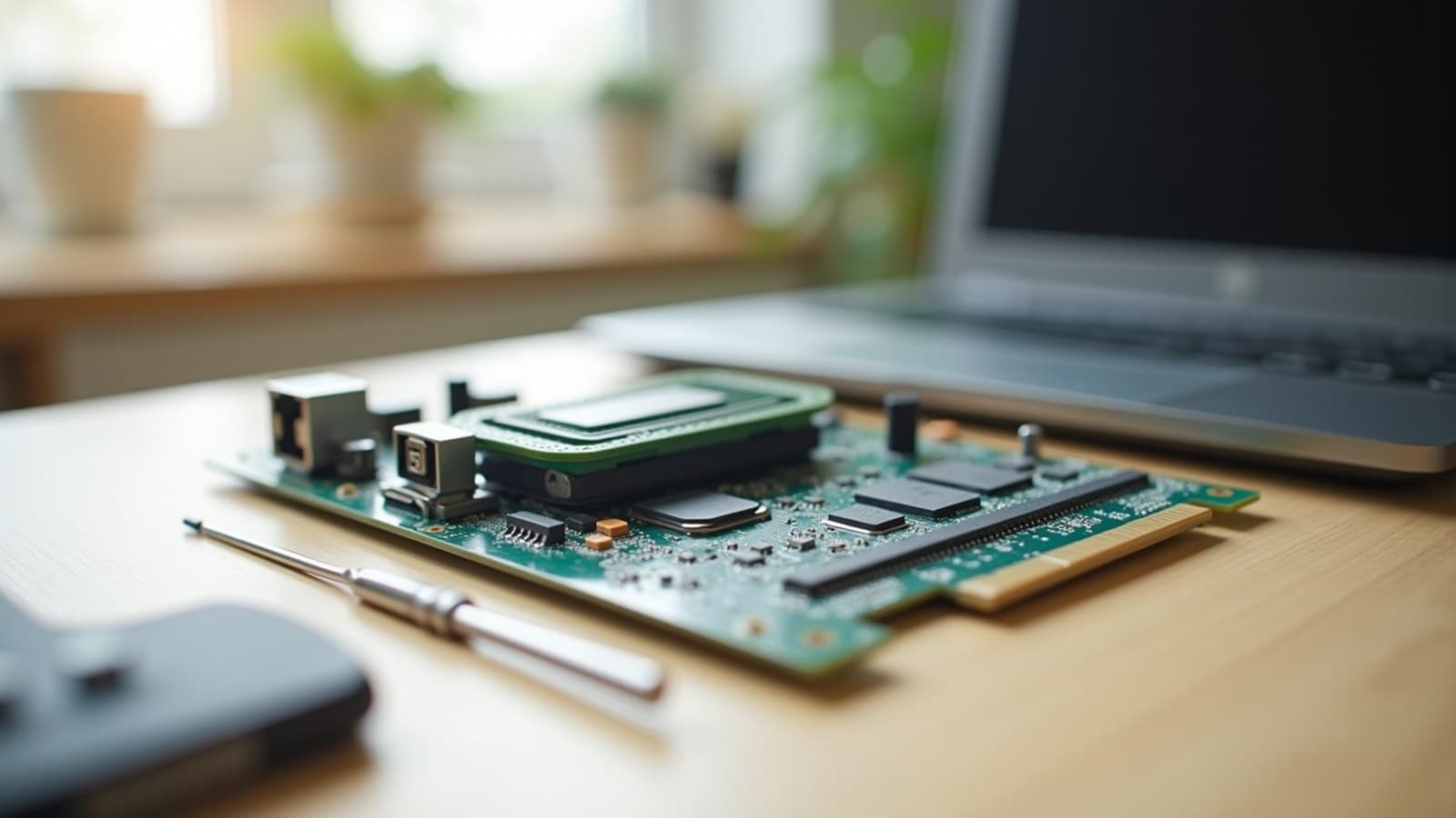 Placa-mãe de computador com um pente de memória e uma chave de fenda sobre uma bancada de madeira clara
