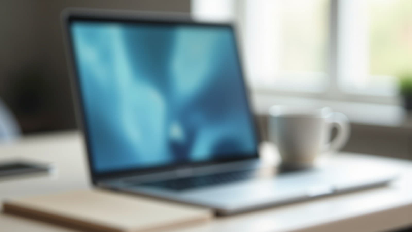 Notebook aberto sobre uma mesa de escritório, com a tela mostrando formas desfocadas e uma xícara ao lado