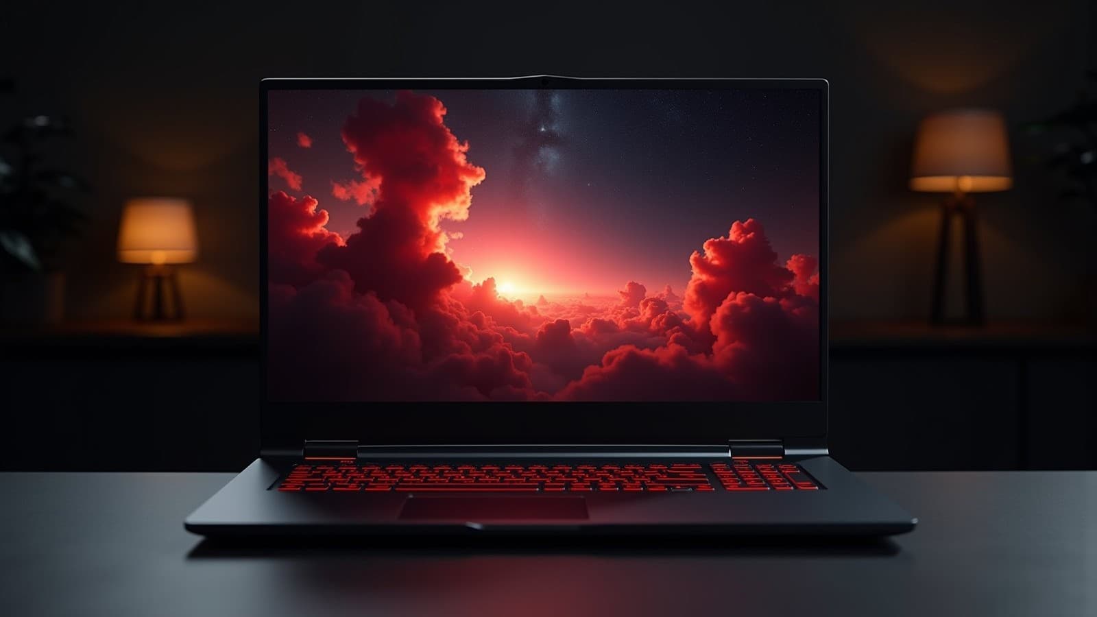 Notebook gamer preto aberto, de frente, com nuvens vermelhas na tela e o teclado iluminado em vermelho sobre uma mesa escura