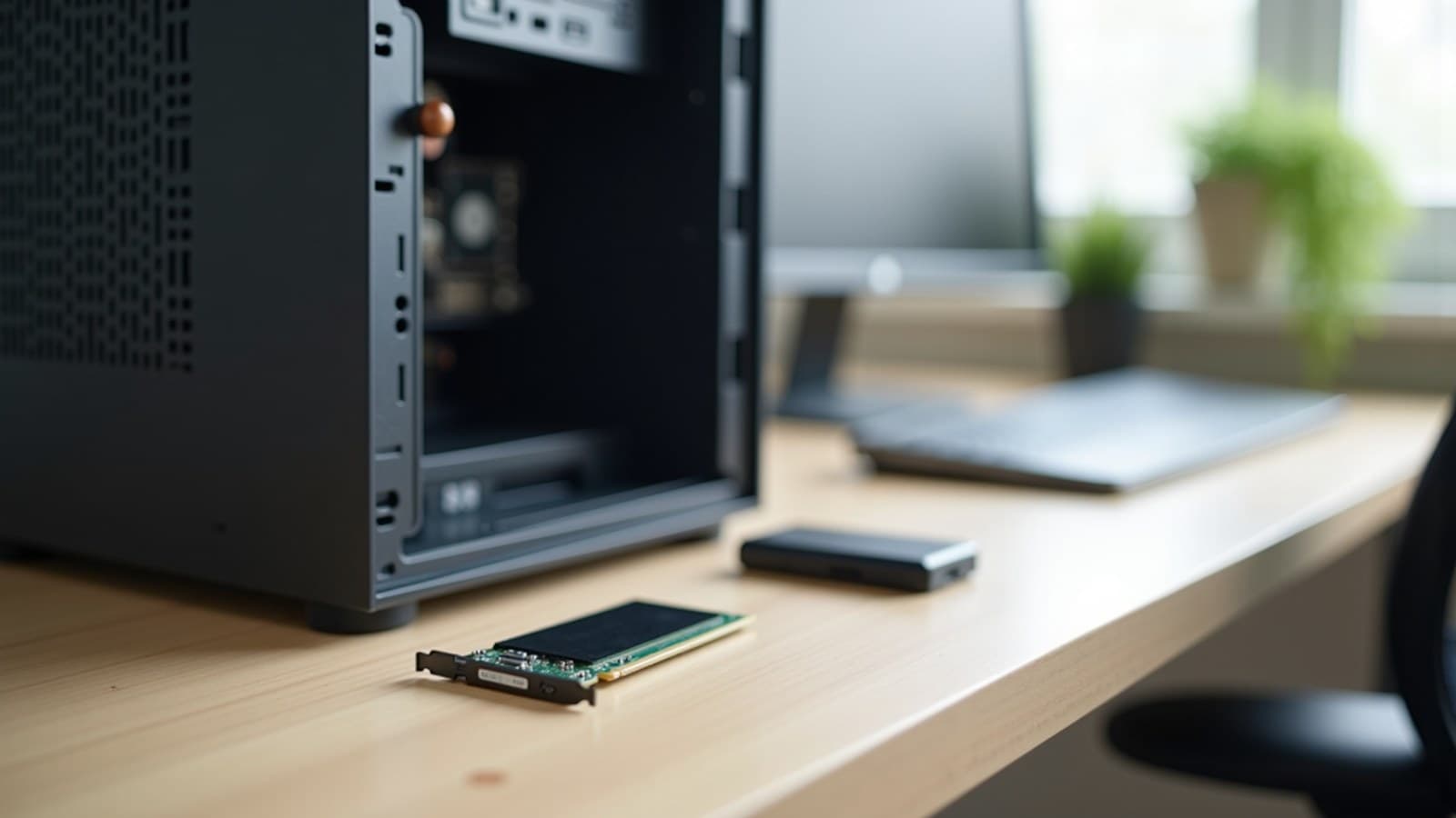 Gabinete de computador aberto sobre uma bancada, com uma unidade SSD e um HD externo ao lado