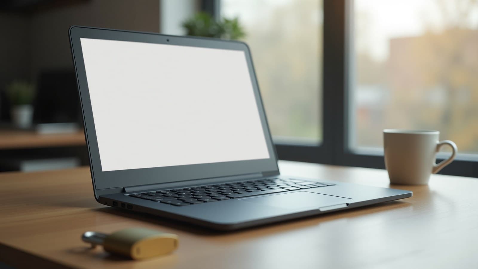 Notebook preto fechado sobre uma mesa de madeira, ao lado de um cadeado de metal e de uma xícara, com luz natural da janela