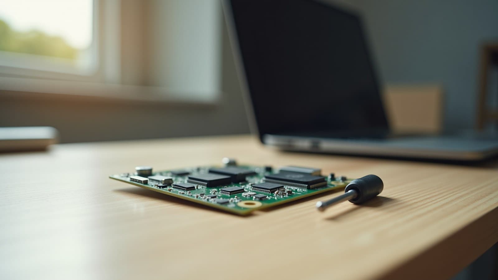 Placa-mãe de computador com um pente de memória e uma chave de fenda sobre uma bancada de madeira clara