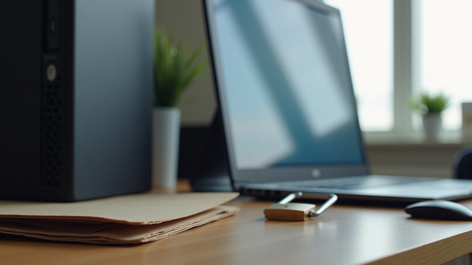 Mesa de escritório com um computador de mesa, um monitor de lado com formas desfocadas na tela, um cadeado de metal e uma pasta de documentos fechada