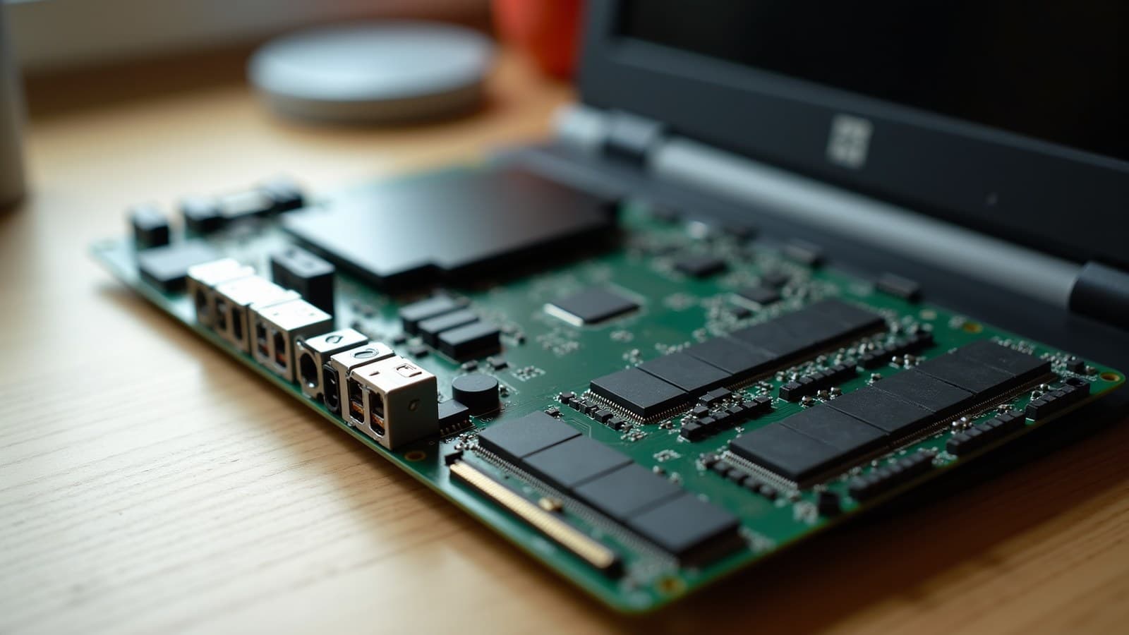 Placa-mãe de computador sobre uma bancada, com dois pentes de memória encaixados e dois encaixes vazios ao lado