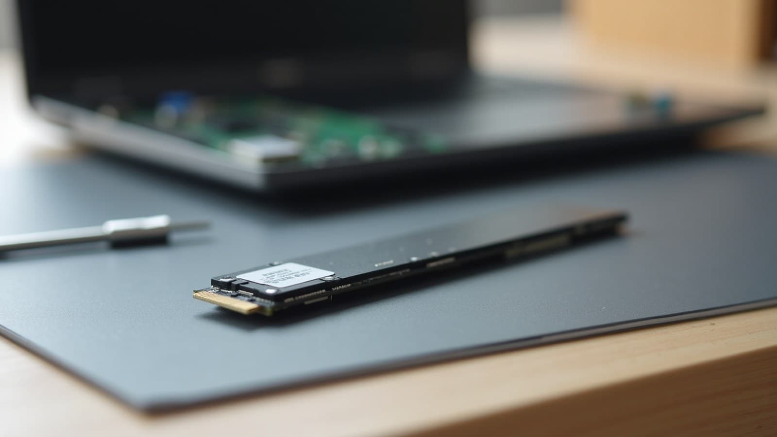 SSD do tipo M.2 sobre uma bancada, ao lado de um notebook virado com a tampa inferior removida