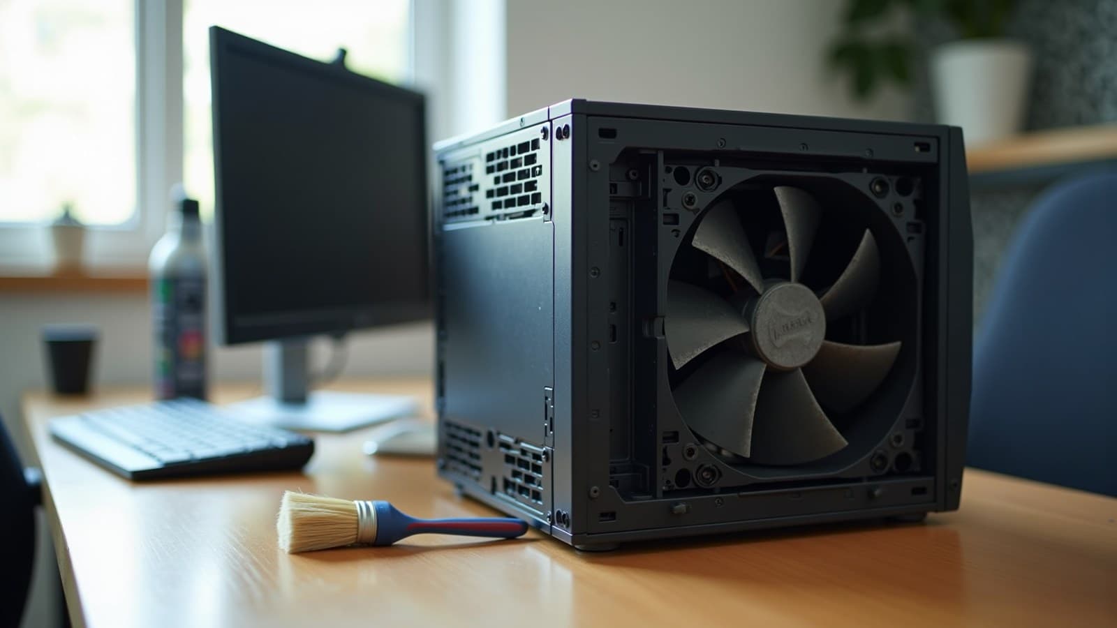 Gabinete de computador com a lateral aberta sobre uma bancada, mostrando a ventoinha do processador, com um pincel macio ao lado