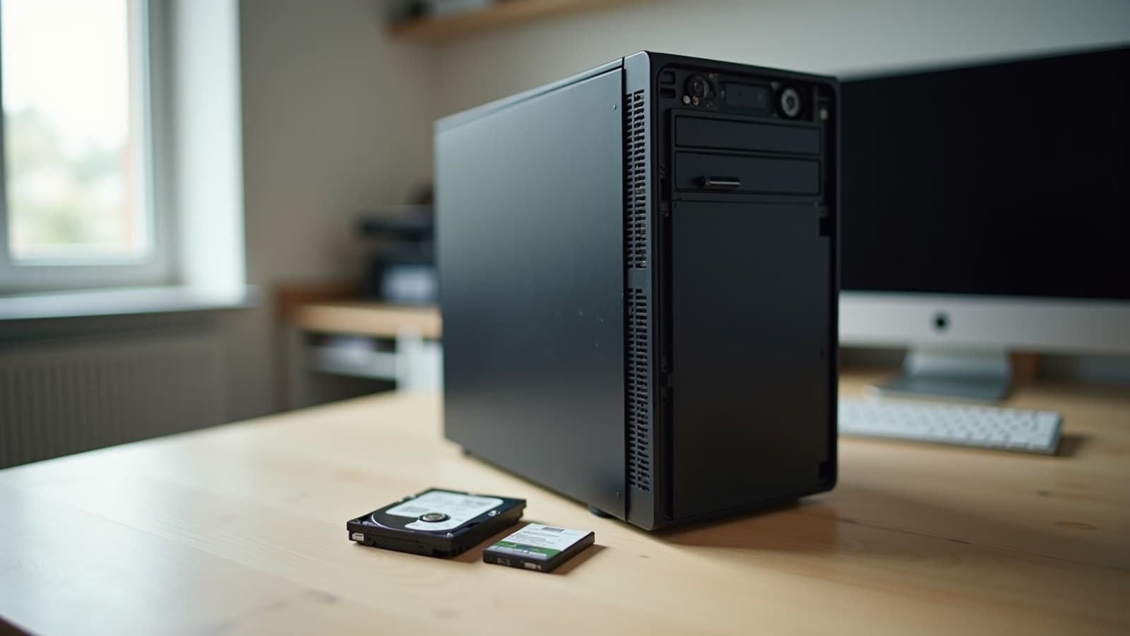 Computador de mesa com a tampa lateral aberta sobre uma bancada, ao lado de um HD e um SSD, com o monitor apagado ao fundo