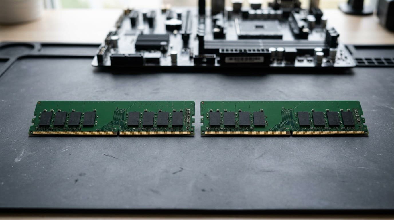Dois pentes de memória RAM lado a lado sobre uma bancada, com uma placa-mãe de slots vazios ao fundo