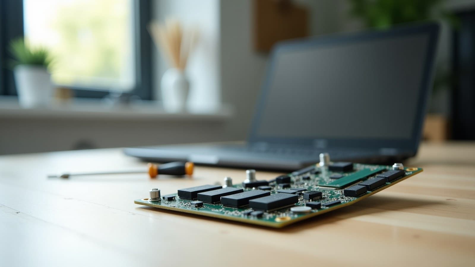 Placa-mãe de computador com um pente de memória e uma chave de fenda sobre uma bancada de madeira clara