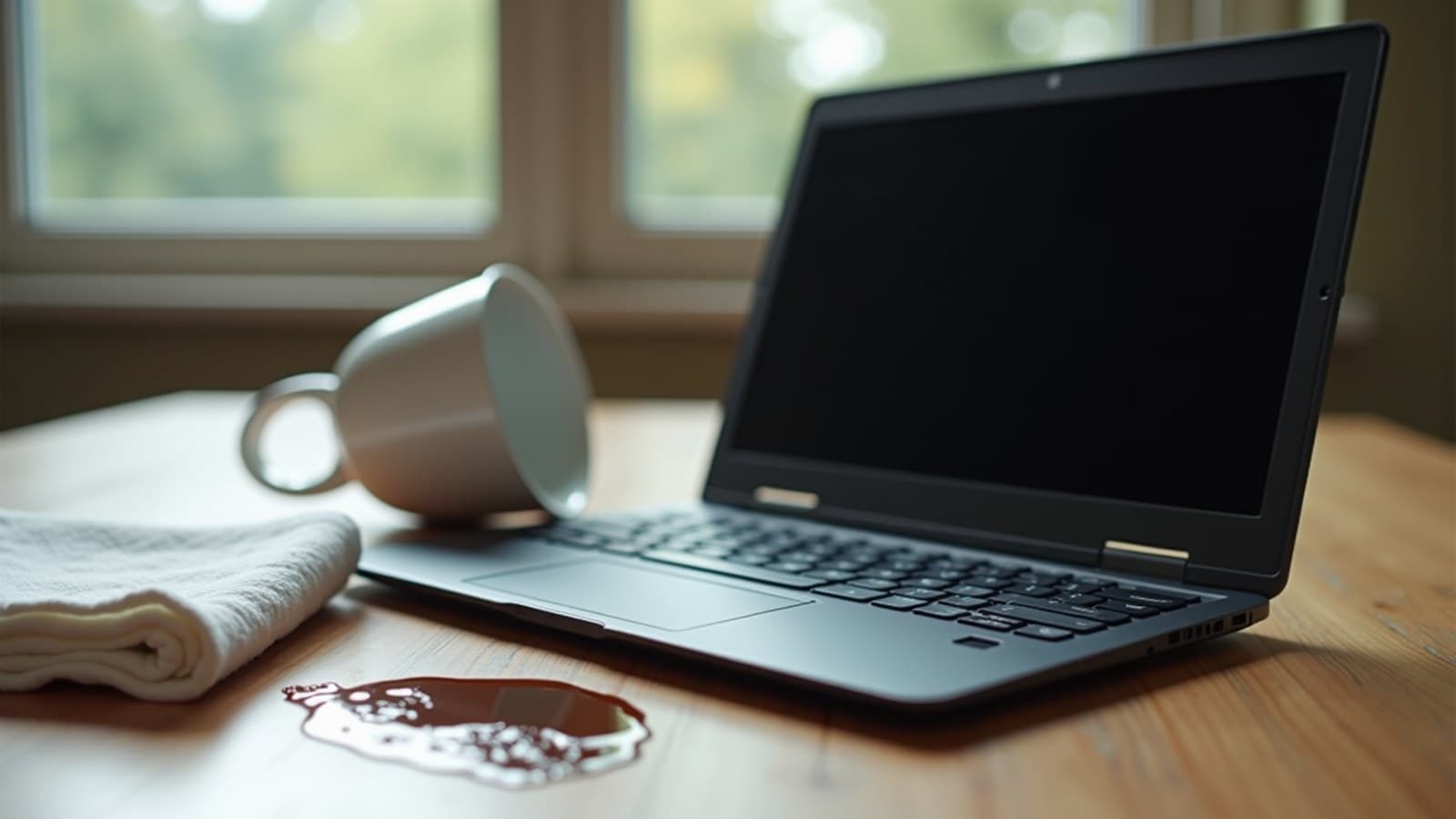 Notebook preto entreaberto sobre uma mesa de madeira, ao lado de uma xícara de café tombada e de uma pequena poça