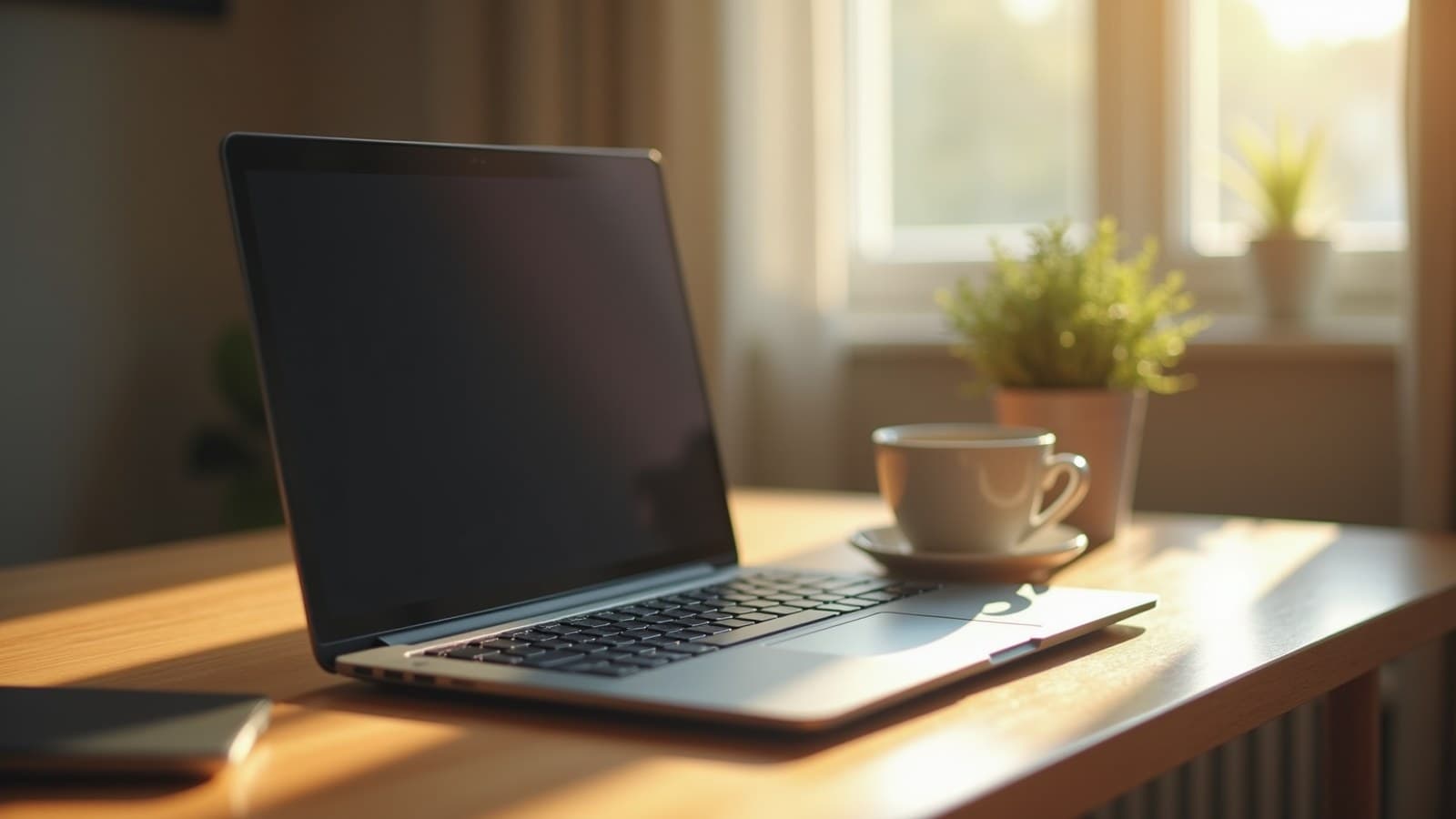 Notebook aberto com a tela apagada sobre uma mesa de madeira, ao lado de uma xícara de café, com luz suave de fim de tarde