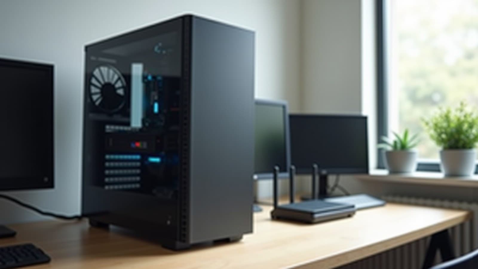 Gabinete de computador de mesa com a lateral de vidro ao lado de um roteador sem fio sobre uma mesa de escritório, com o monitor apagado ao fundo