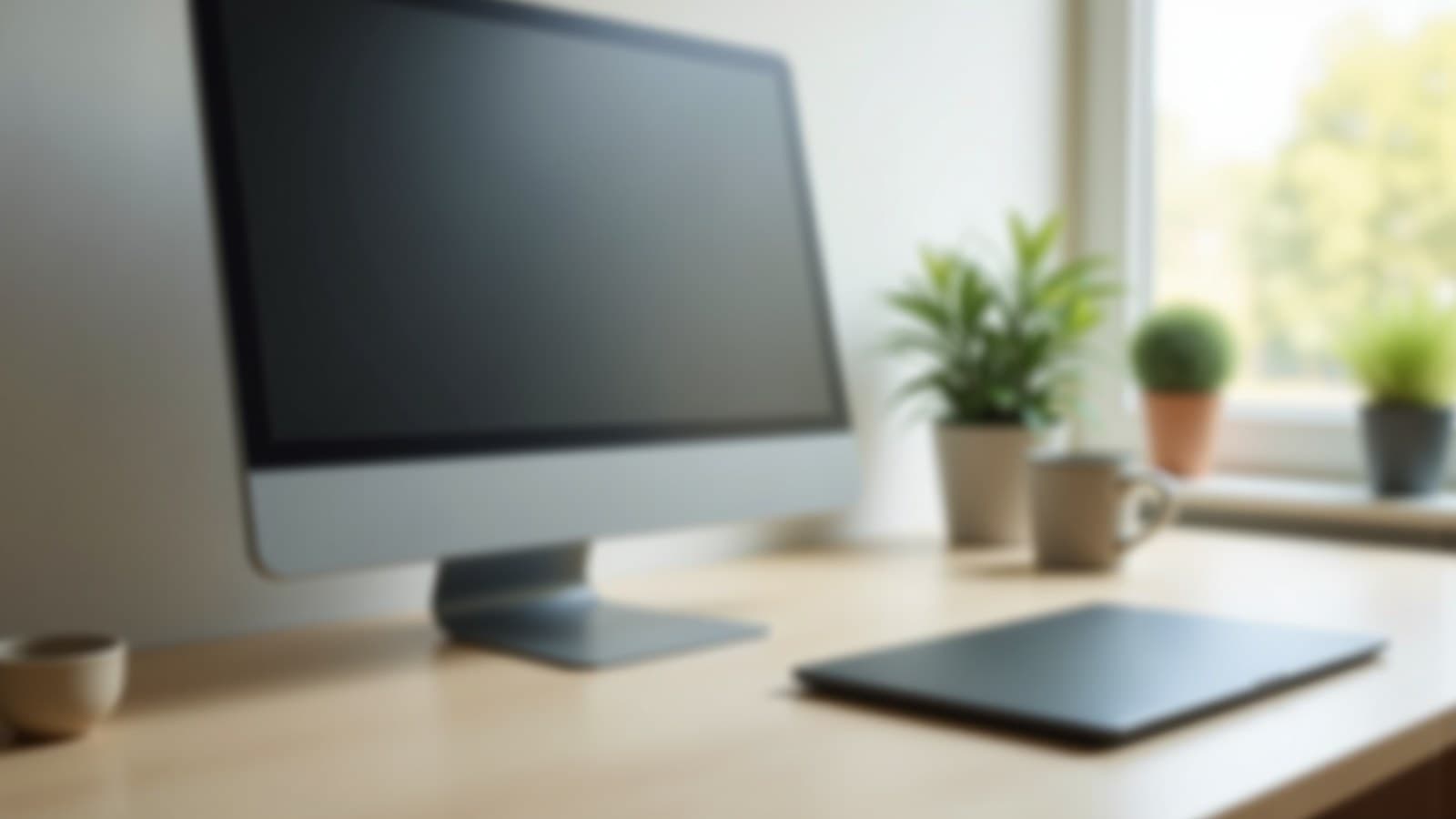 Computador de mesa tudo-em-um visto de costas sobre uma mesa clara, com um notebook escuro fechado ao lado