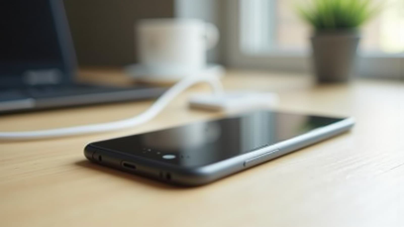 Smartphone antigo deitado de costas sobre uma mesa de madeira, ao lado de um cabo de carregador enrolado
