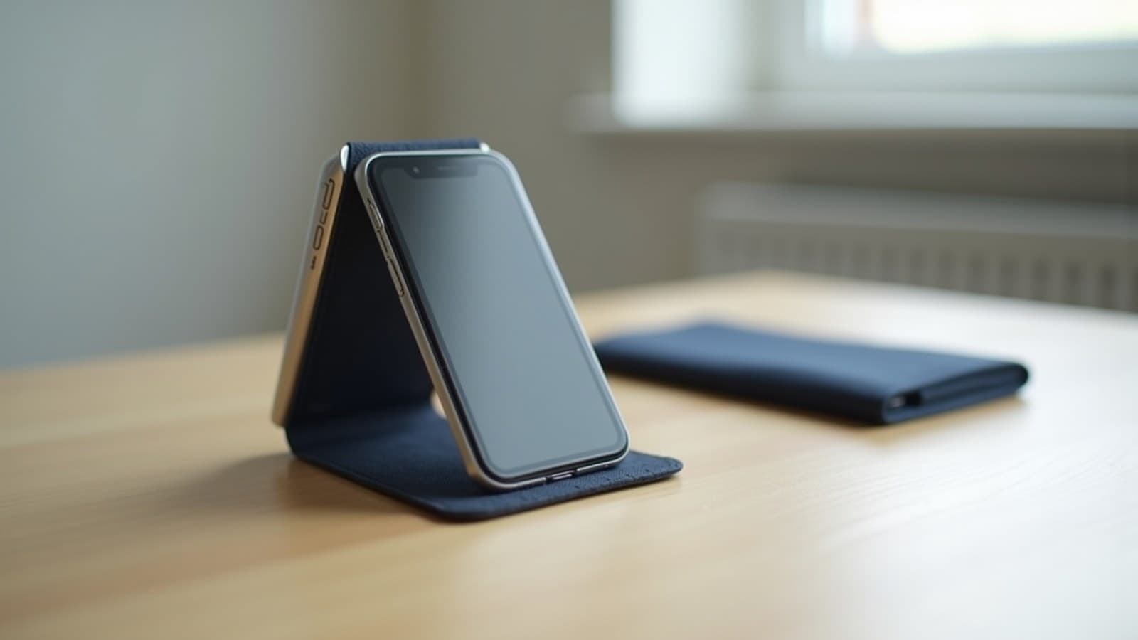 Celular dobrável genérico meio aberto sobre uma mesa de madeira clara, com a tela apagada, ao lado de uma capa de tecido azul