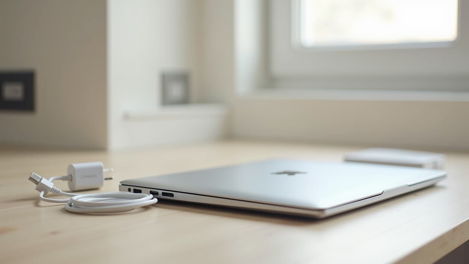 Notebook fechado de costas sobre uma mesa de madeira, com um carregador e um cabo enrolado ao lado