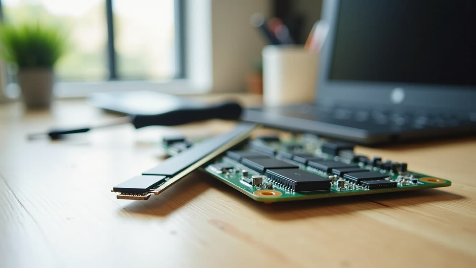 Placa-mãe de computador com um pente de memória e uma chave de fenda sobre uma bancada de madeira clara