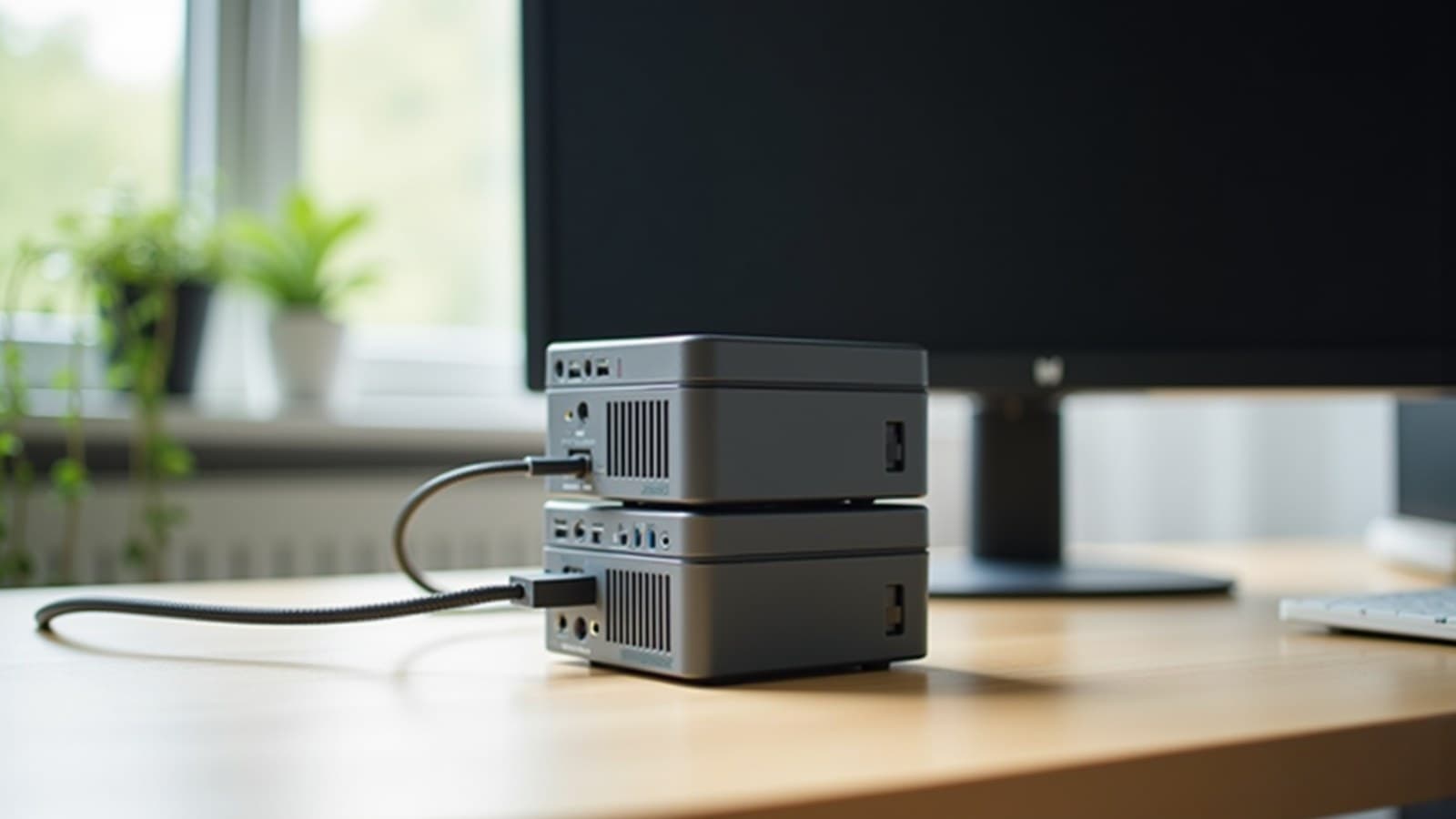 Dois computadores compactos de mesa empilhados sobre uma bancada de madeira, ligados por um cabo, com um monitor apagado ao fundo