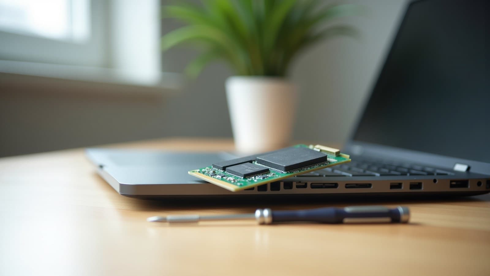 Placa-mãe de computador com um pente de memória e uma chave de fenda sobre uma bancada de madeira clara