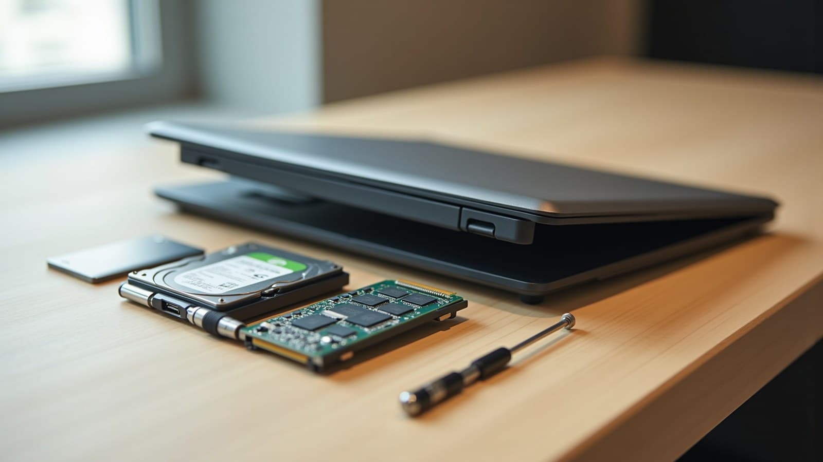 Notebook preto virado de cabeça para baixo sobre uma bancada, com a tampa de baixo aberta, ao lado de um HD, um SSD e um pente de memória