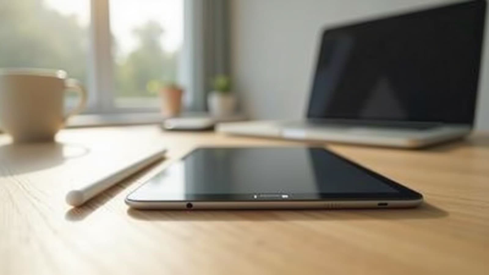 Tablet pequeno de tela apagada deitado sobre uma mesa de madeira clara, ao lado de uma caneta digital branca e de uma xícara