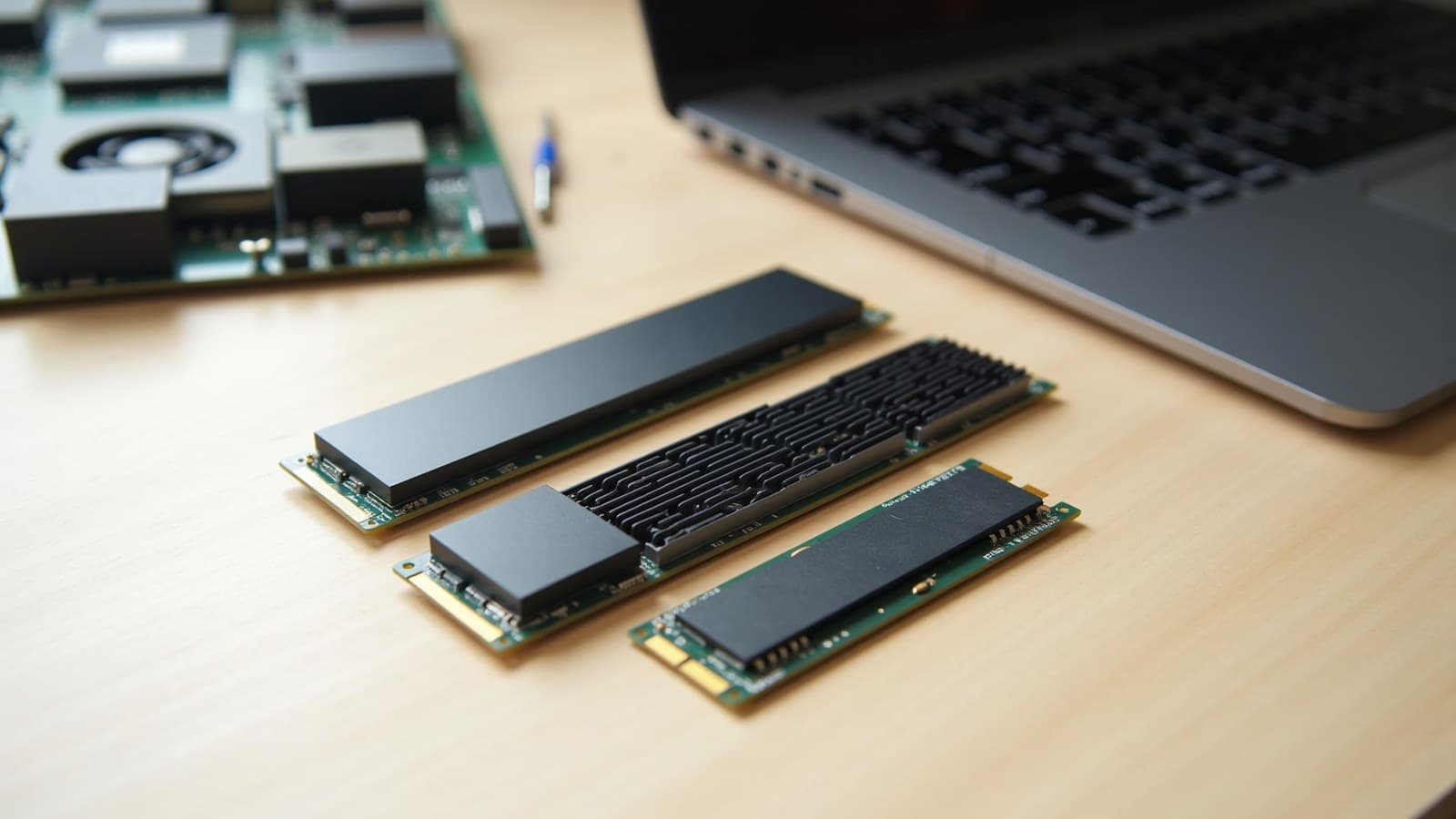 Três SSDs M.2 sem marca lado a lado sobre uma bancada de madeira, um deles com dissipador de alumínio, e uma placa-mãe desfocada ao fundo