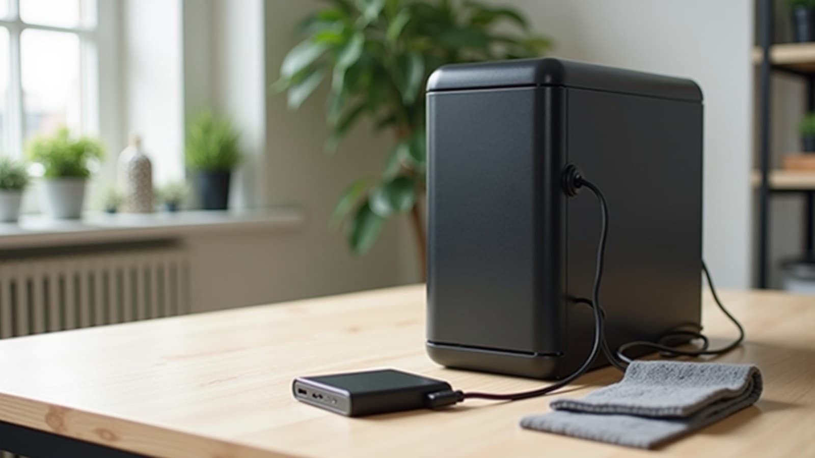 Gabinete de computador de mesa sobre uma bancada de madeira, ao lado de um HD externo e de um cabo USB enrolado