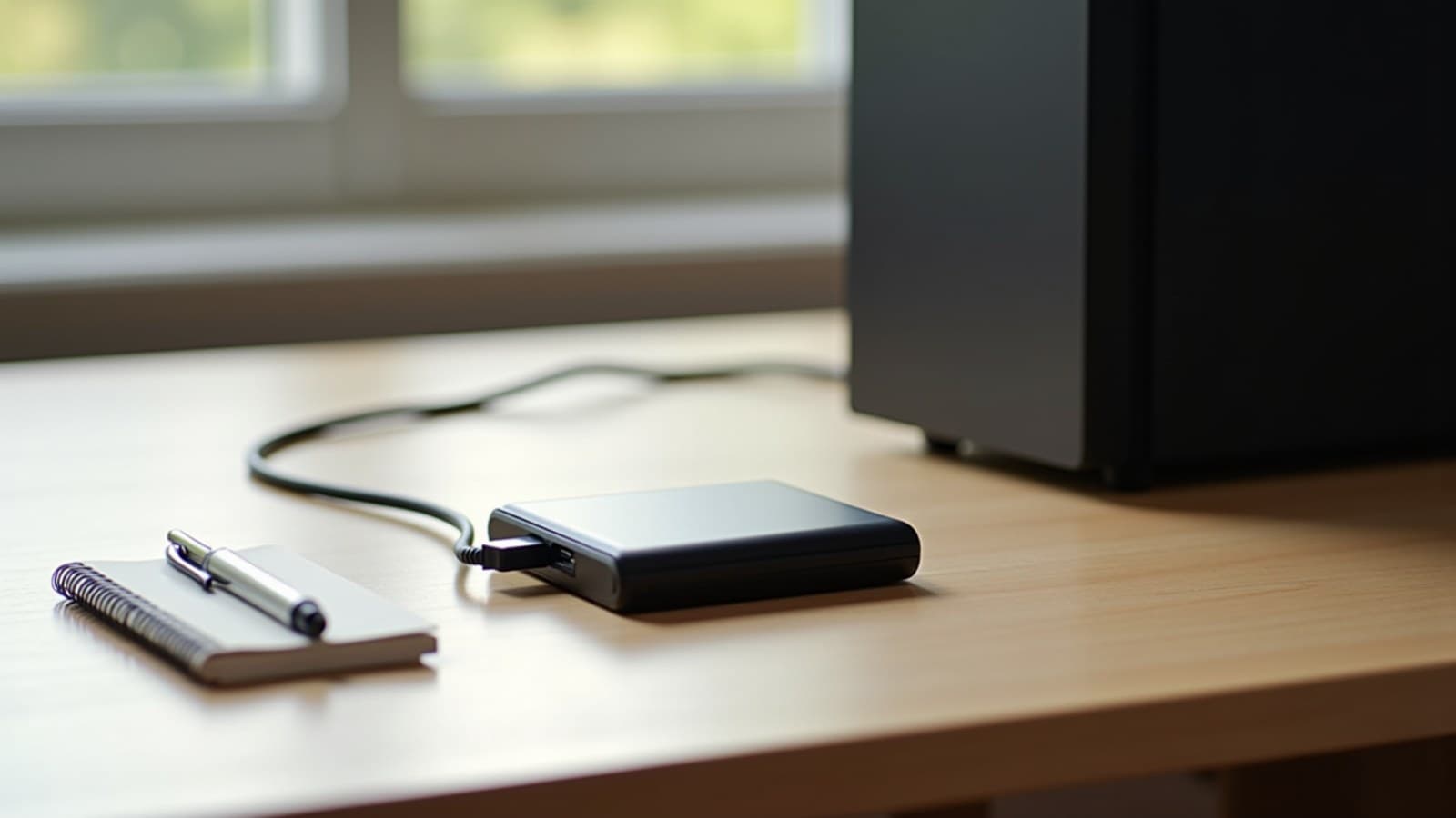HD externo preto ligado por cabo a um gabinete de computador sobre uma mesa de madeira