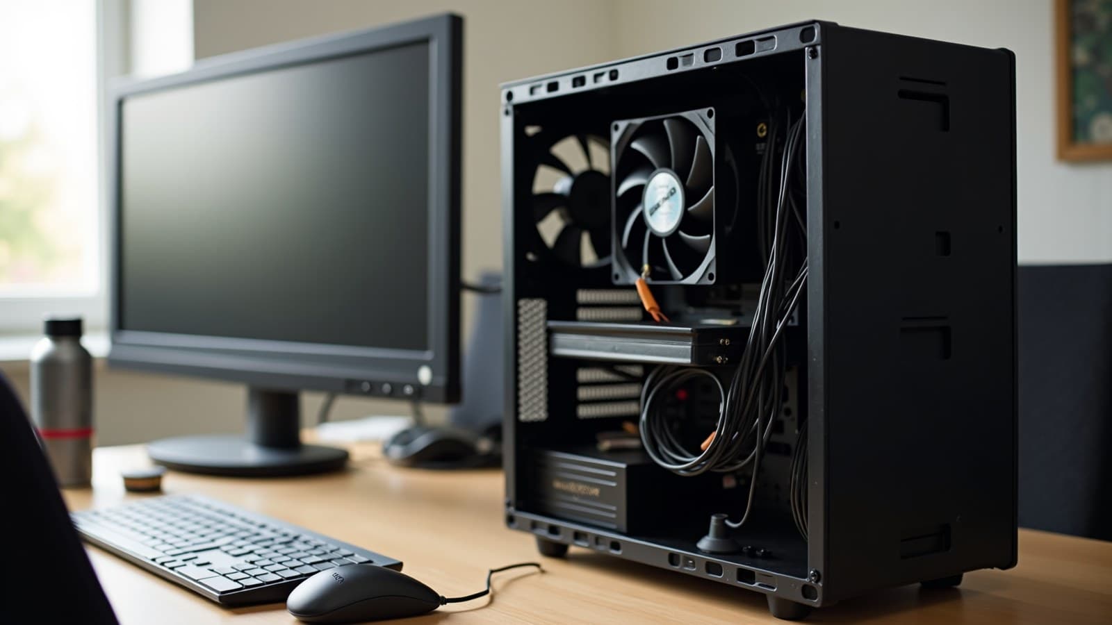 Gabinete de computador aberto sobre uma bancada, com o cooler do processador e a fonte de alimentação à mostra