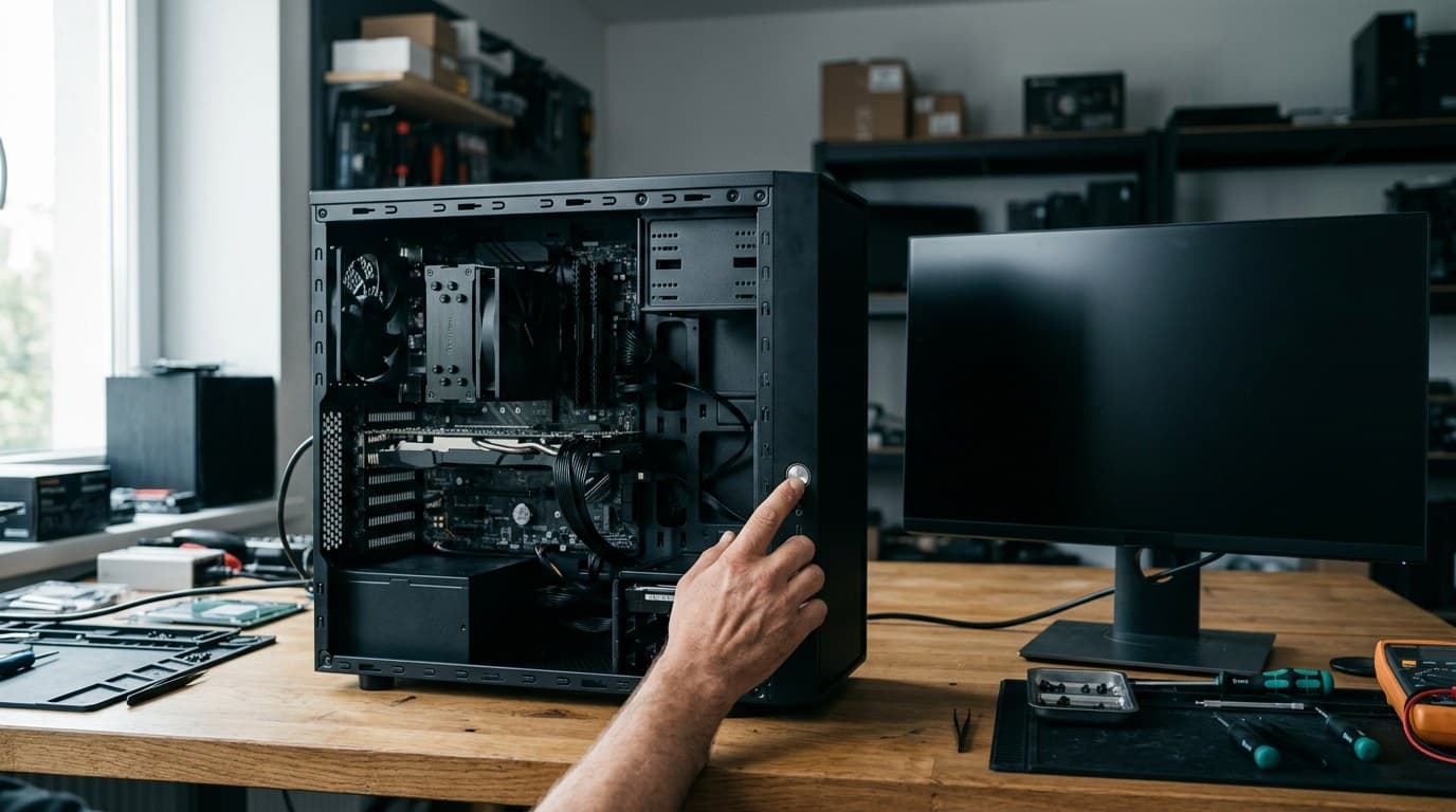 Gabinete de computador aberto sobre uma bancada, com a mão apertando o botão de ligar e o monitor apagado ao lado