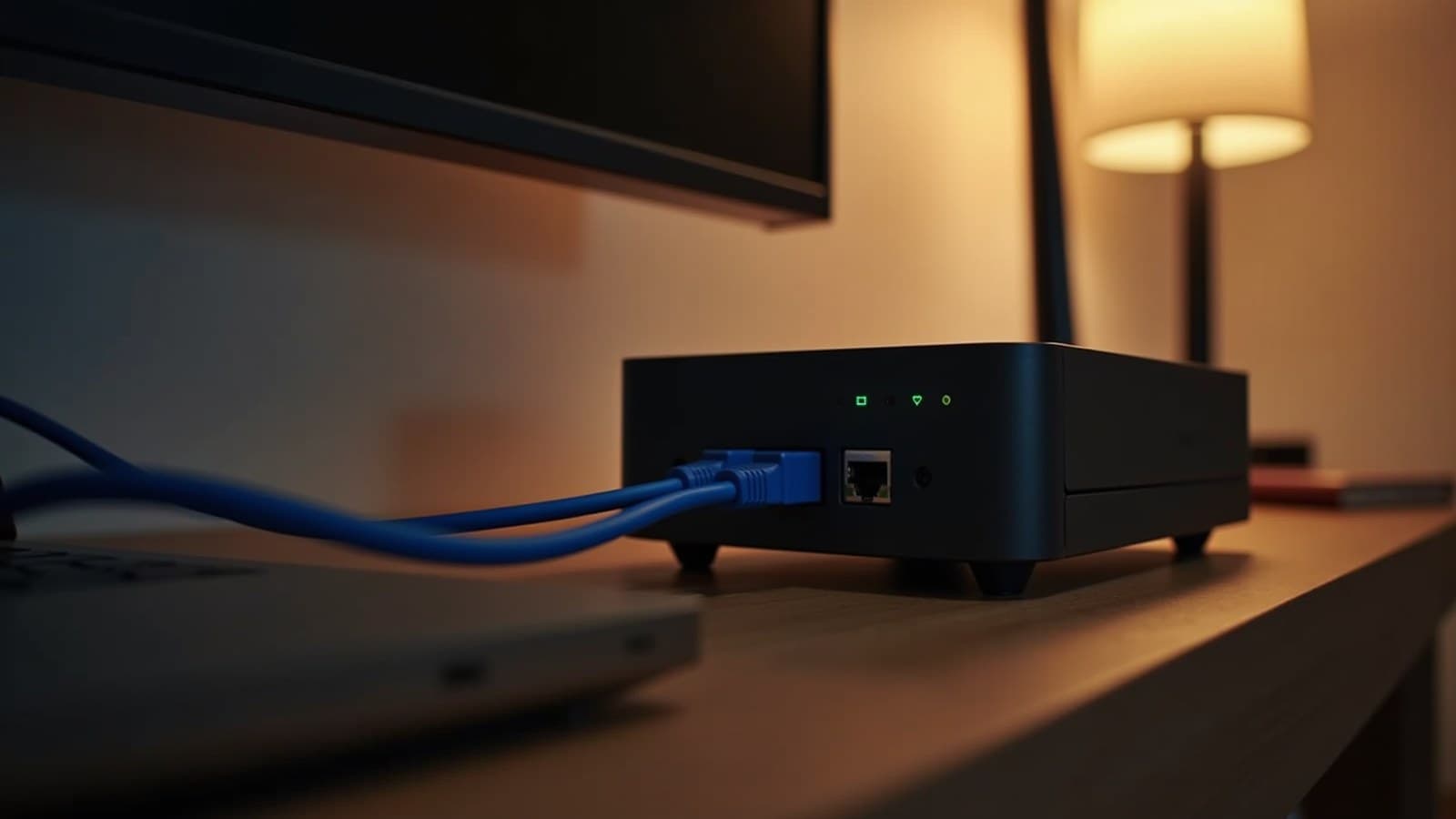 Pequeno computador preto sobre uma estante de madeira, ao lado de um roteador com cabos de rede ligados