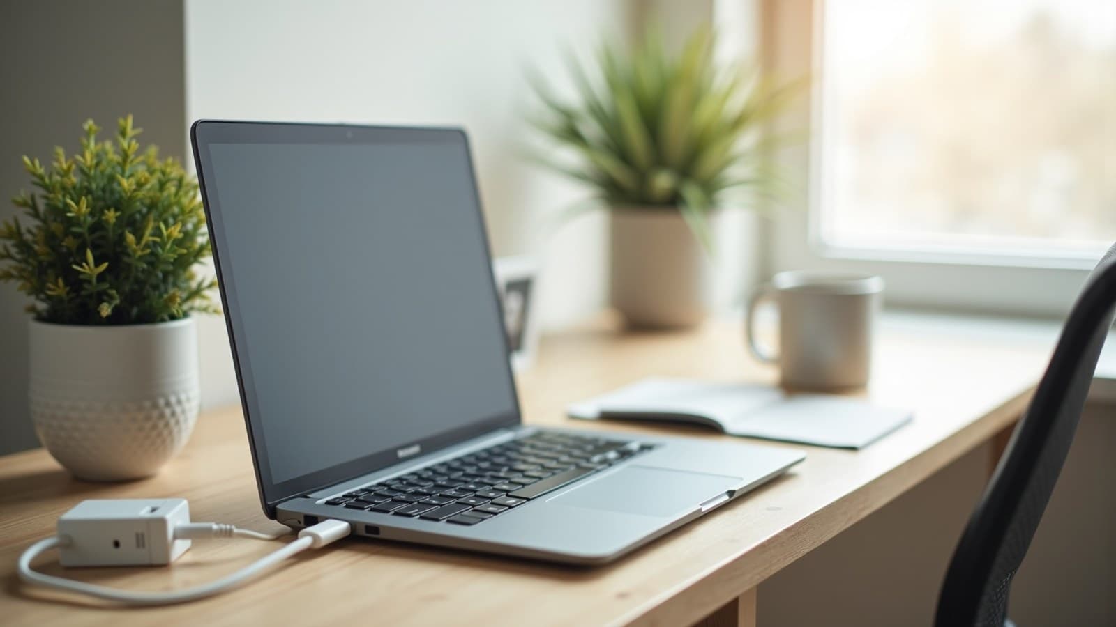 Notebook fechado sobre uma mesa de trabalho, ligado ao carregador na tomada, com luz suave da janela