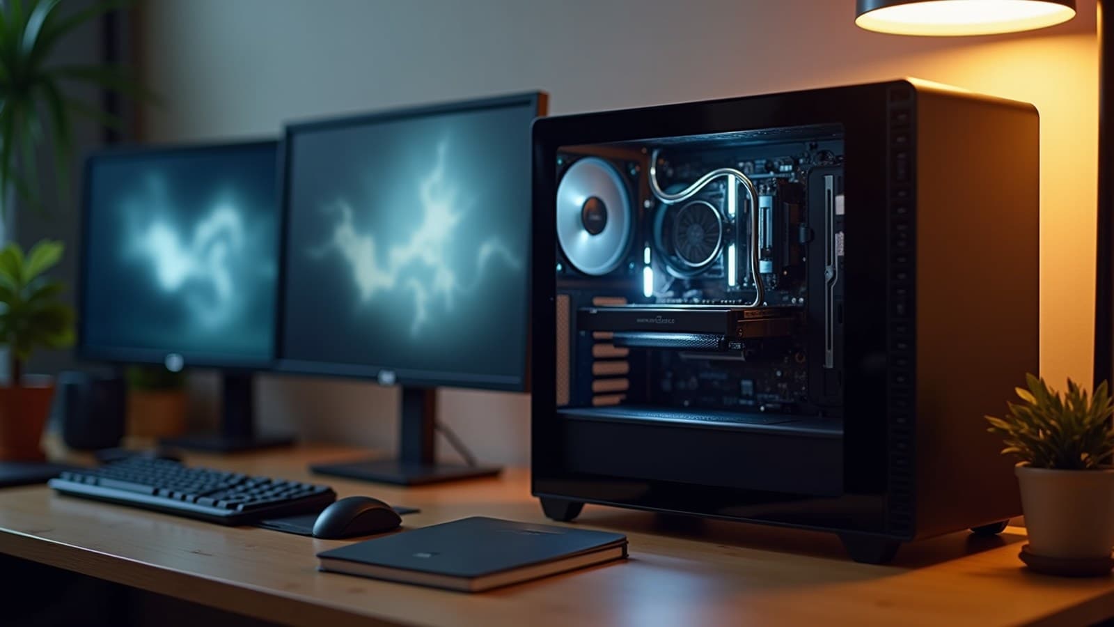 Computador de mesa com o painel lateral de vidro mostrando a placa de vídeo, sobre uma escrivaninha, com o monitor ao lado mostrando formas desfocadas